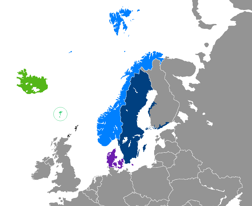 Distribución de los idiomas germánicos nórdicos. El sueco se habla en Suecia y unas partes oestes y sureñas de Finlandia. El noruego en Noruega, que incluye el archipiélago Svalbard entre otras islas. El islandés en Islandia, y el feroés en las islas Feroe. Y el danés en Dinamarca.