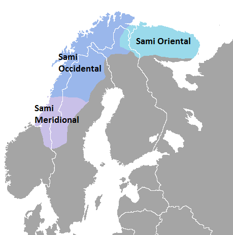 Distribución de idiomas sami. El sami meridional se habla en el centro de Noruega y Suecia, el sami occidental en el norte de los dos, y un poco en Finlandia, y el sami oriente en el extremo norte-este de Finlandia al este en Rusia.